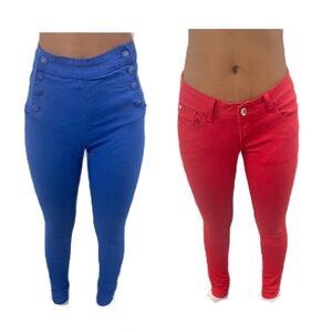 Two pants royal blue high waisted and red low rise jeans
